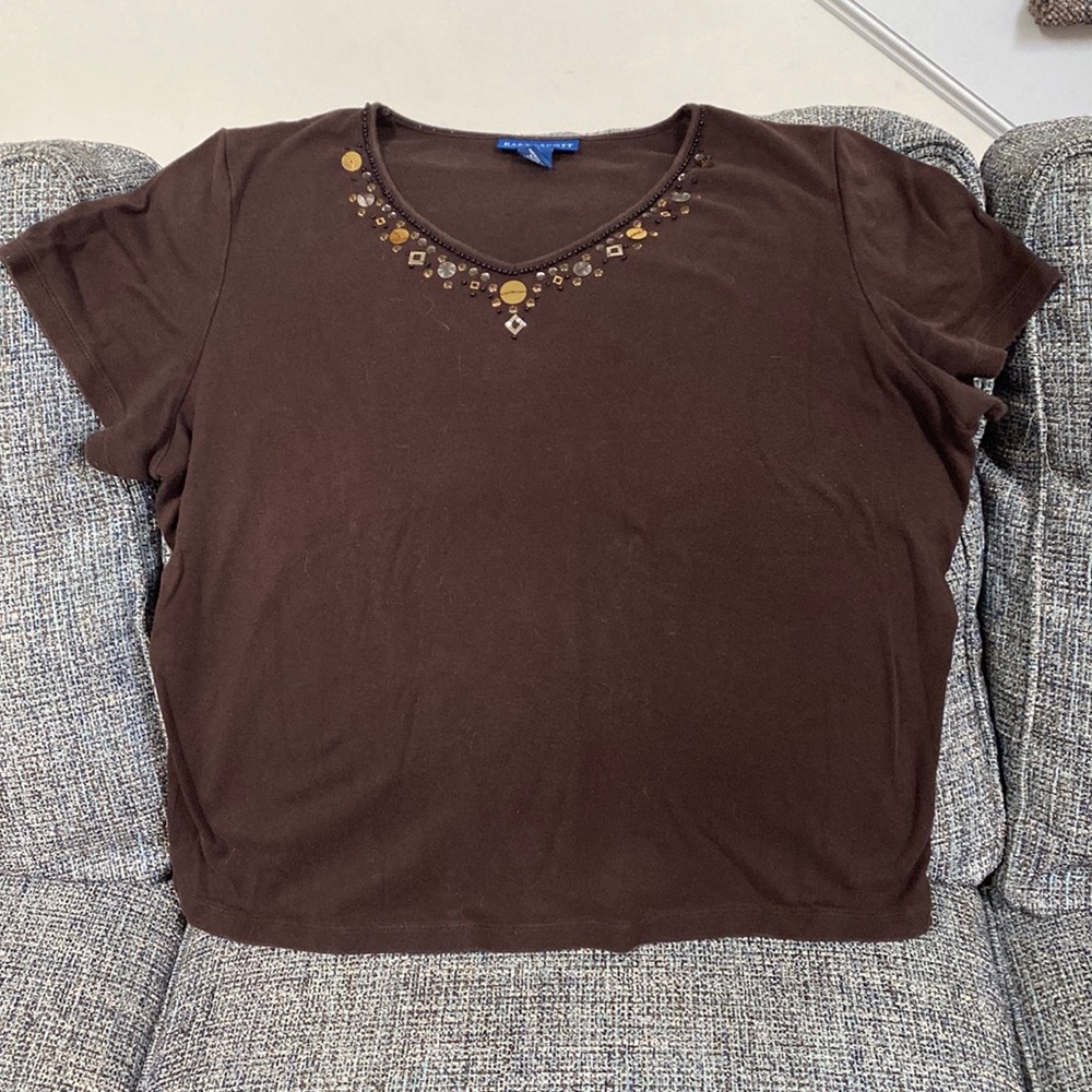 Beautiful Decorated Brown Short Sleeve Top, Size 1X